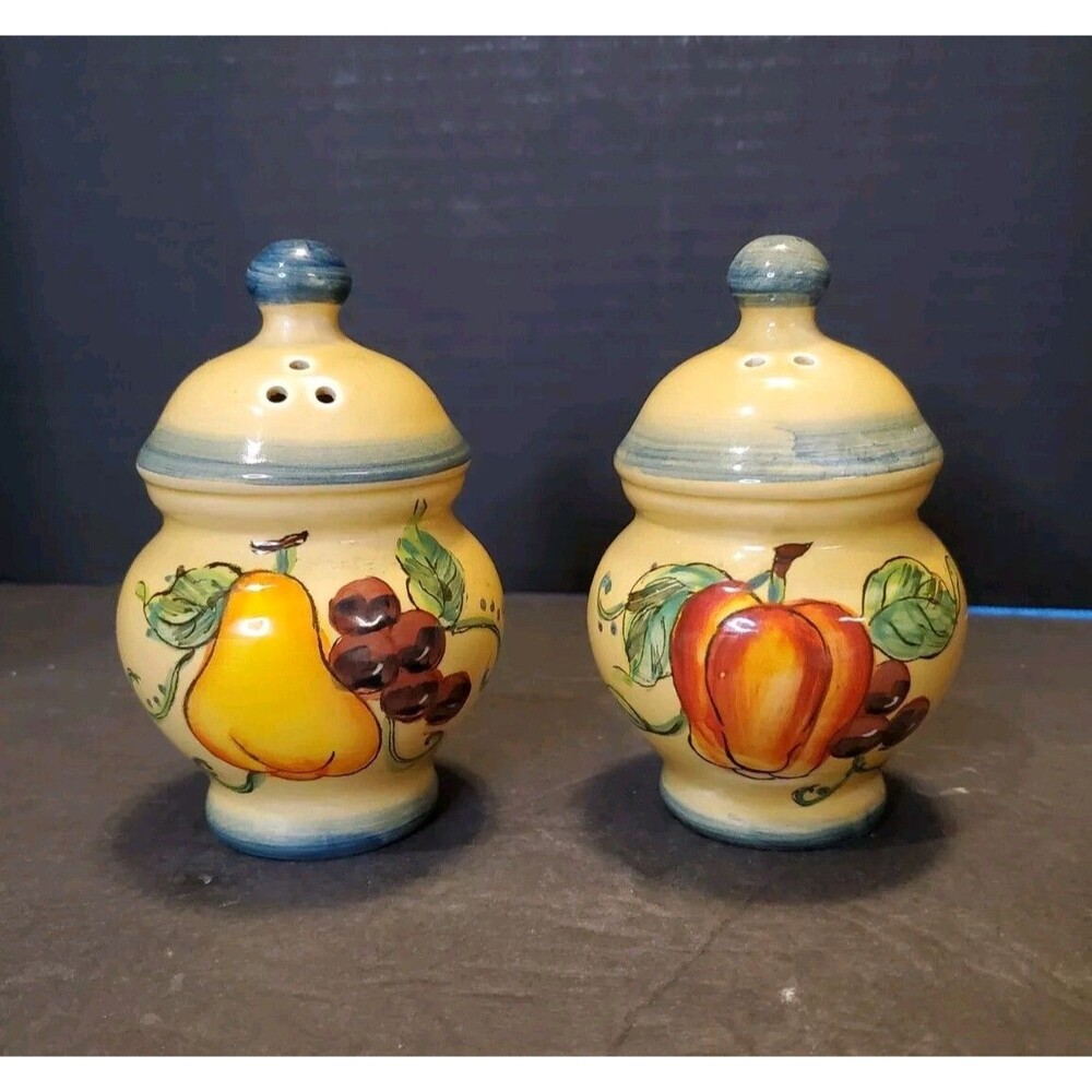 Tuscan Beige Sage Fruit Designs Grapes Pear Salt & Pepper Shaker Ceramic Set